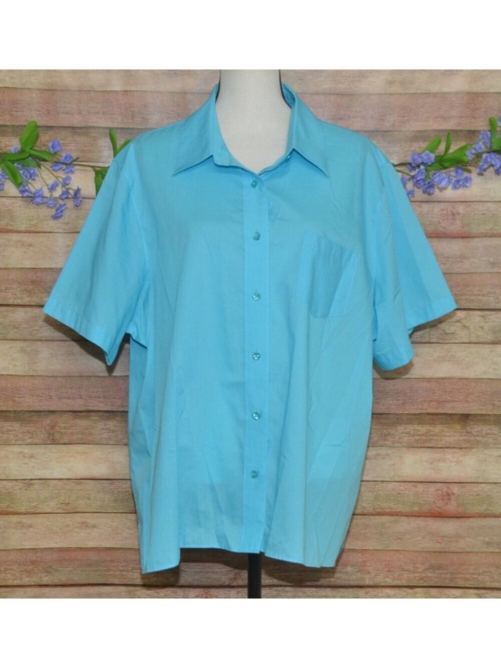 Foxcroft Blue Cotton Blend Button Up Wrinkle Free Top Blouse Plus Size 22W Solid